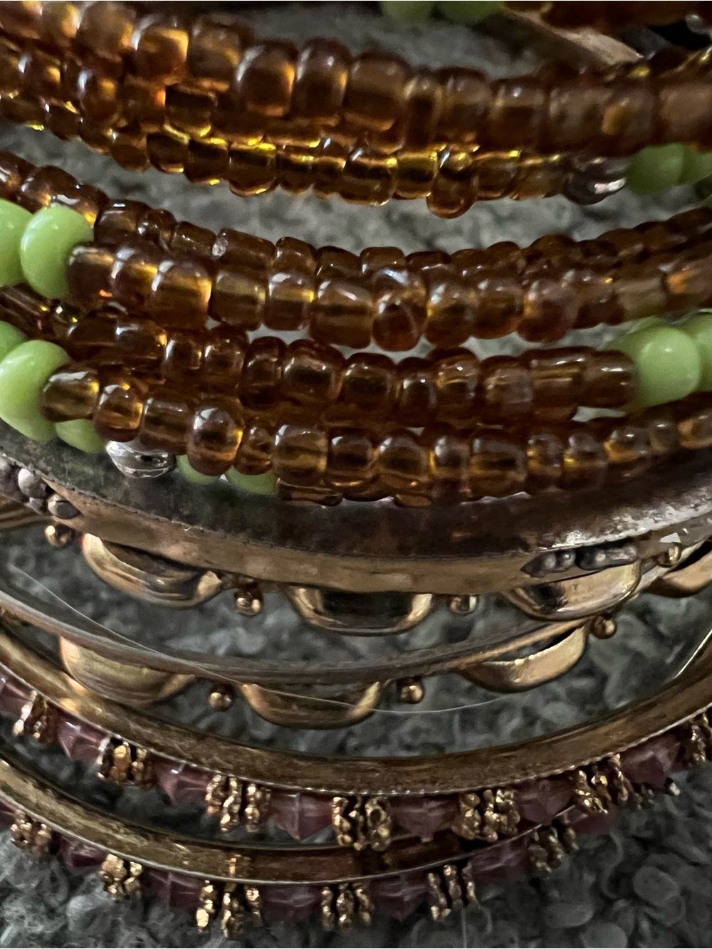 Vintage lot 6 Boho Glass Bead and Gold-Tone Bangle Set